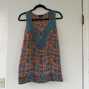 100% Silk Orange and Blue Sleeveless Blouse Tolani